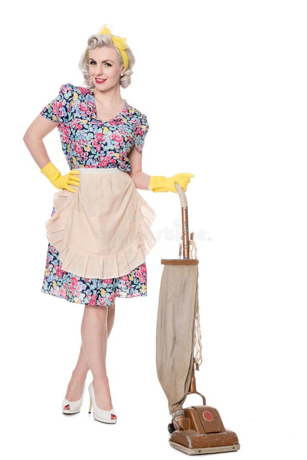 Retro gospodyni domowa z rocznika próżniowym cleaner, odizolowywającym na bielu obrazy stock Retro gospodyni domowa z rocznika próżniowym cleaner, odizolowywającym na bielu obrazy stock