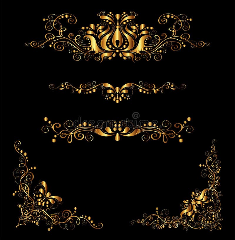 Retro Gold Floral Elements and Embellishments Set for Design and Decorate. Retro Gold Floral Elements and Embellishments Set for Design and Decorate