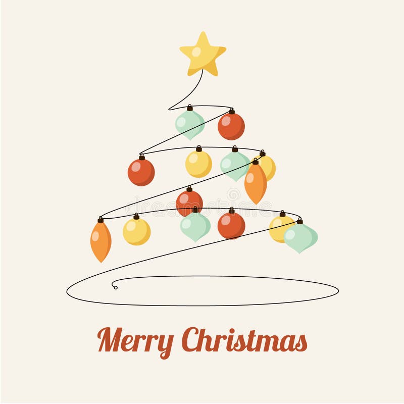 Retro greeting card with decorated christmas tree and balls vector illustration