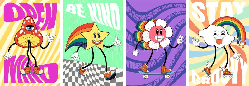 Retro groovy art poster set with characters. Fly agaric mushroom, star, daisy flower and cloud with rainbow mascots on