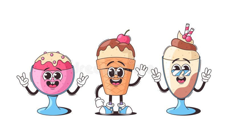 Retro groovy Happy Ice Cream Cartoon Characters With Vibrant Expressions. Playful Desserts Exude Nostalgia royalty free illustration
