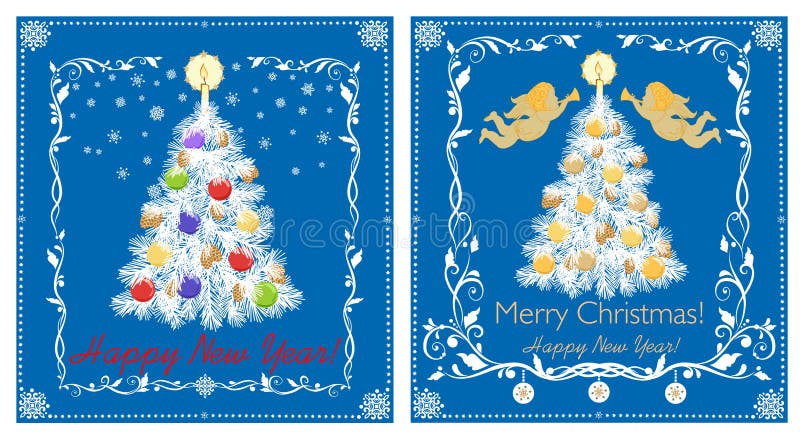 Retro- Grußpapierkarten für Winterurlaub mit Papierschnittweihnachtsweißem Baum, Engel, bunte Bälle, Kerze, Schneeflocken vektor abbildung Retro- Grußpapierkarten für Winterurlaub mit Papierschnittweihnachtsweißem Baum, Engel, bunte Bälle, Kerze, Schneeflocken vektor abbildung