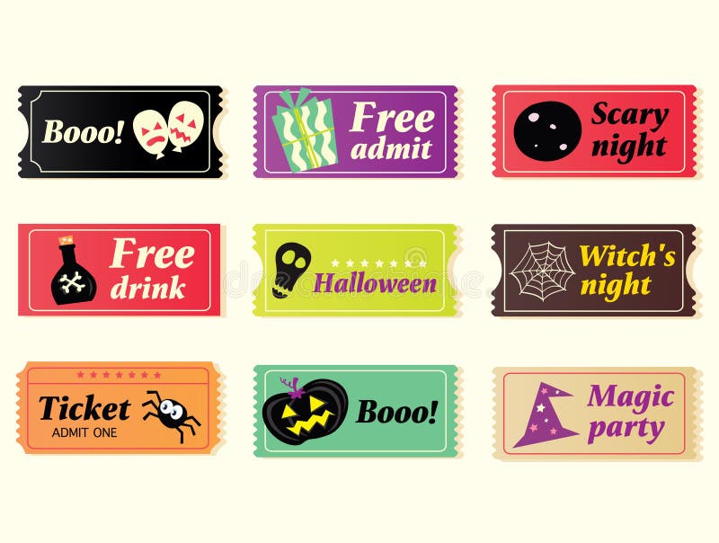 Going to Halloween party? Booo! Use my tickets! In 9 different variants. Vector Illustration. Going to Halloween party? Booo! Use my tickets! In 9 different variants. Vector Illustration.