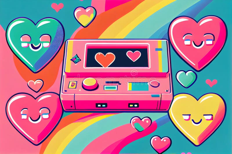 Retro Hearts in Trendy Y2k Psychedelic Style Over Pink. Y2K Aesthetic ...