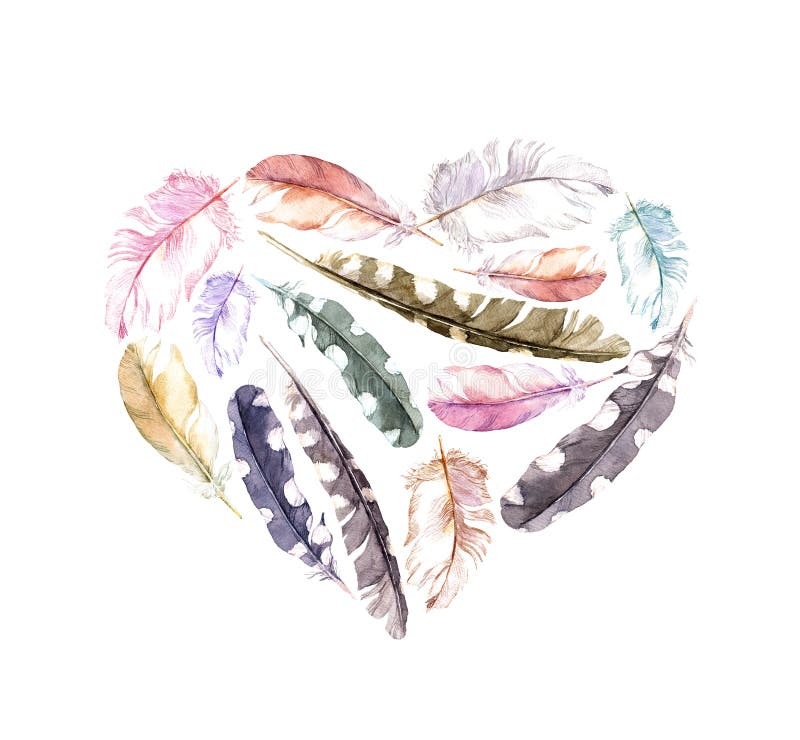 Retro- Herz - Vogelfedern Weinleseaquarell stock abbildung Retro- Herz - Vogelfedern Weinleseaquarell stock abbildung