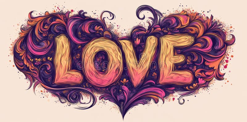 A retro hippie design featuring hand-drawn LOVE, linework, script, calligraphy, hearts, and flowers in various color.