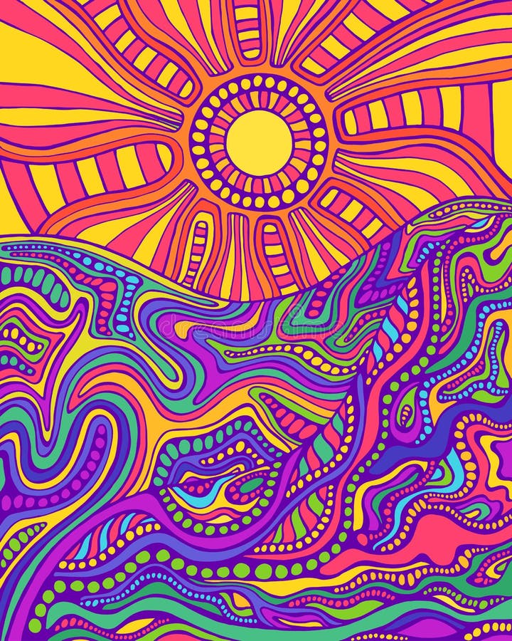 Psychedelic Landscape. Coloring Page for Adults. Pathway in Meadows and ...