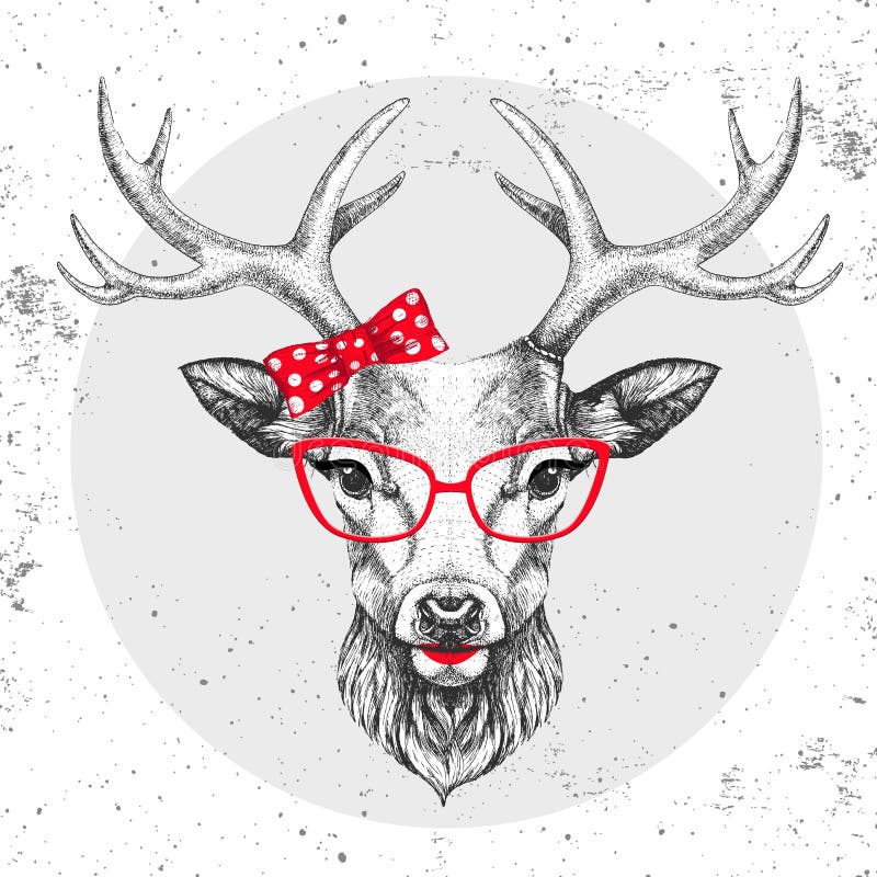 Retro Hipster Animal Deer. Hand Drawing Muzzle of Animal Deer. Girl of