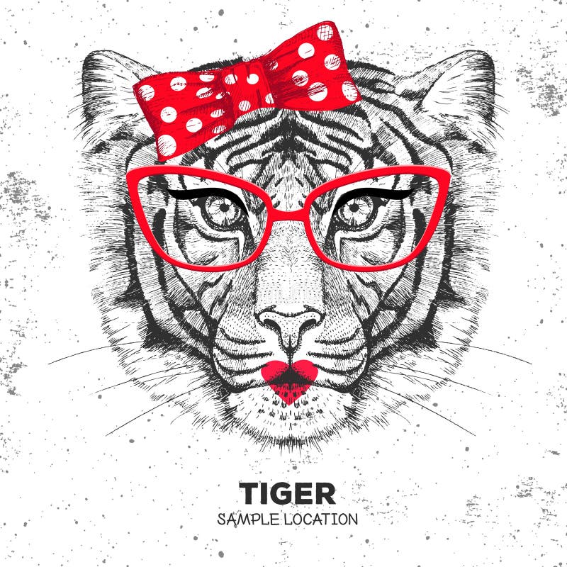 Retro Hipster animal tiger. Hand drawing Muzzle of animal tiger. vector illustration