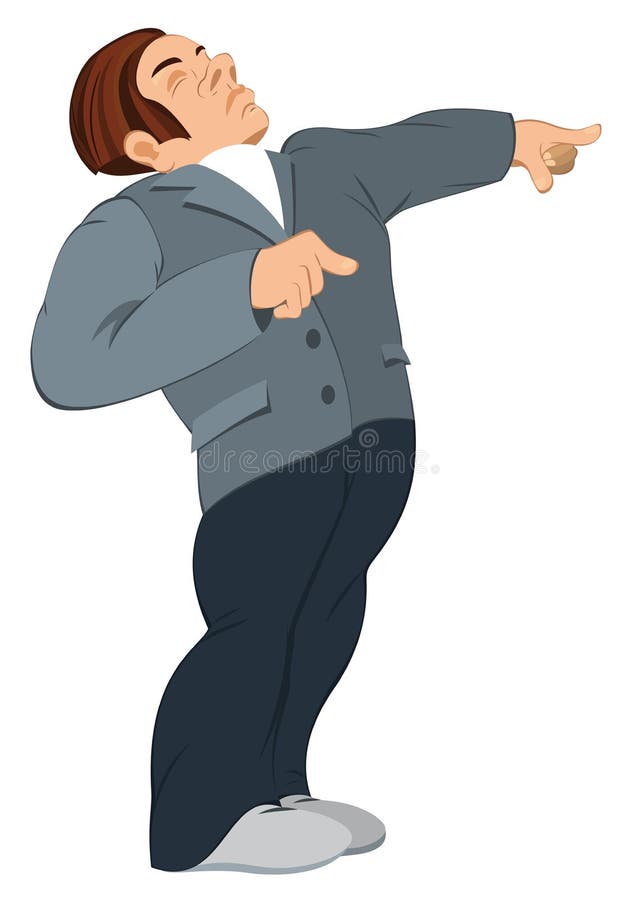 Retro hipster man standing in gray jacket and pointing with his stock illustration Retro hipster man standing in gray jacket and pointing with his stock illustration