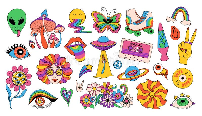 Retro icons in 70s style. Psychedelic funky graphic elements of mushrooms, flowers, rainbow, music, ufo, rollers