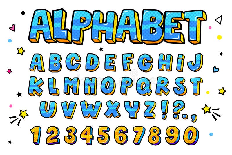 Retro insieme comico delle lettere Lettere e numeri di alfabeto nello stile dei fumetti, Pop art