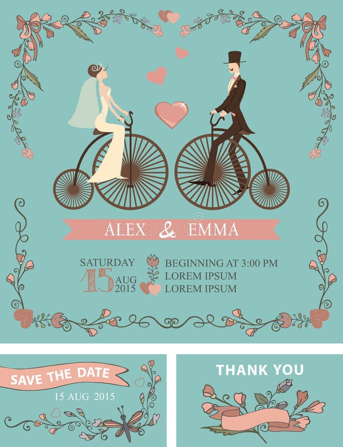 Retro invito di cerimonia nuziale Sposa, sposo, retro bicicletta illustrazione vettoriale Retro invito di cerimonia nuziale Sposa, sposo, retro bicicletta illustrazione vettoriale