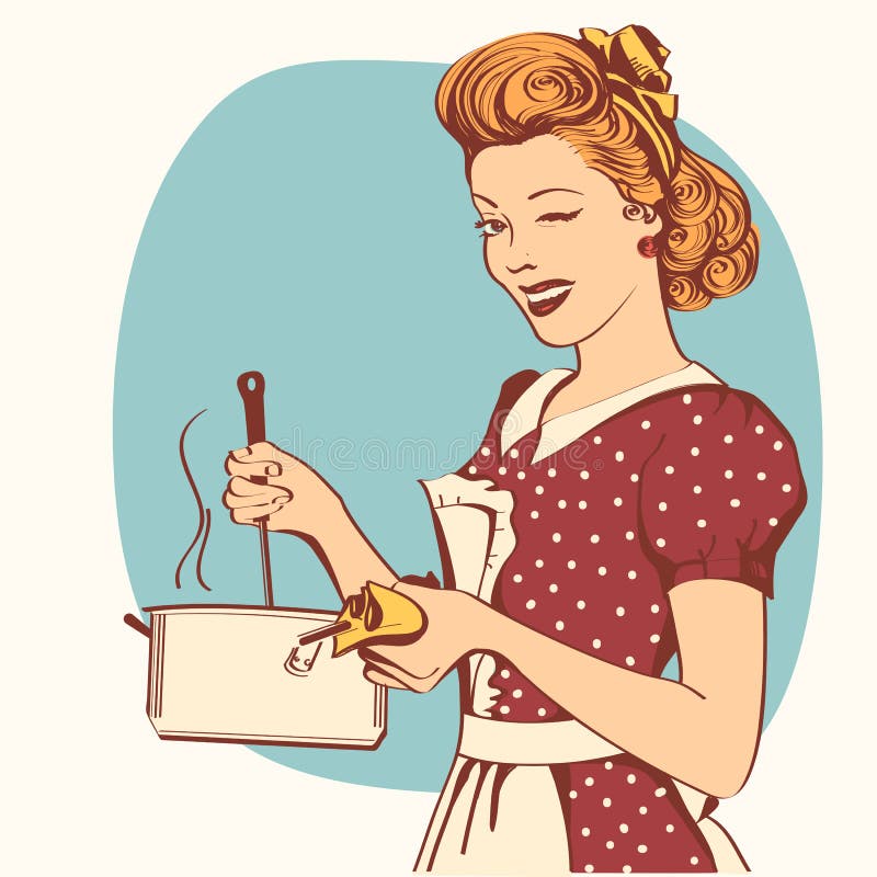 Retro young woman in retro clothes cooking soup in her kitchen room.Vector color illustration. Retro young woman in retro clothes cooking soup in her kitchen room.Vector color illustration