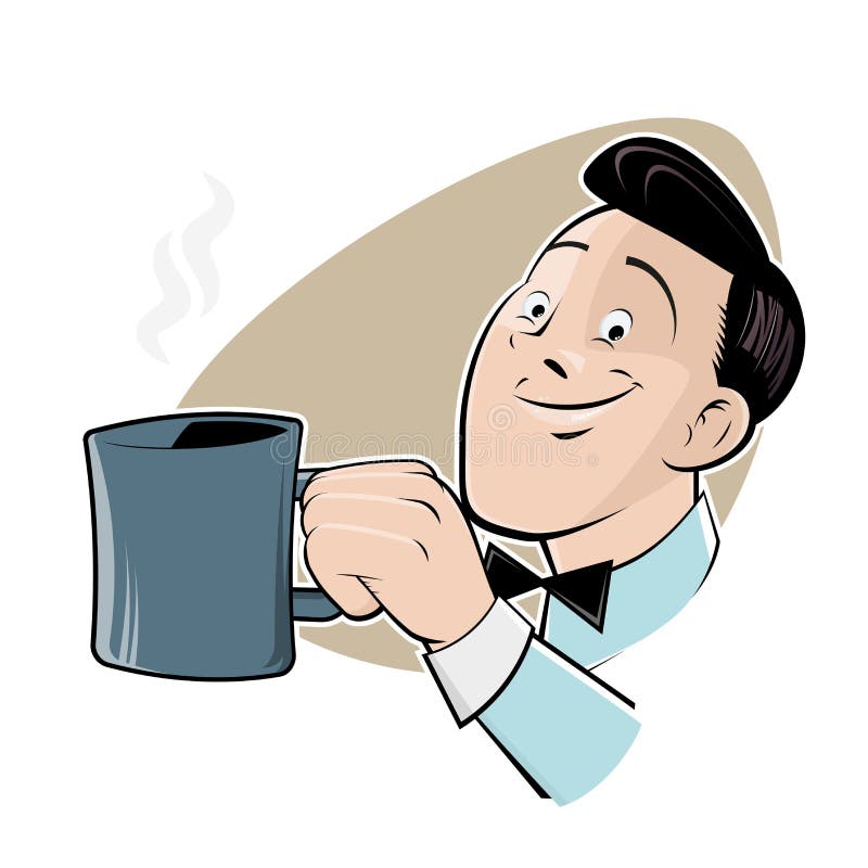 Retro- Karikaturmann mit einem Tasse Kaffee