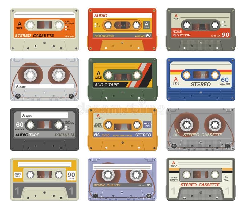 Retro- Kassetten Stereorekordbilder der bunten Plastikaudiokassetten-Weinlesemediengerätmusiktechnologie-Bänder vektor abbildung
