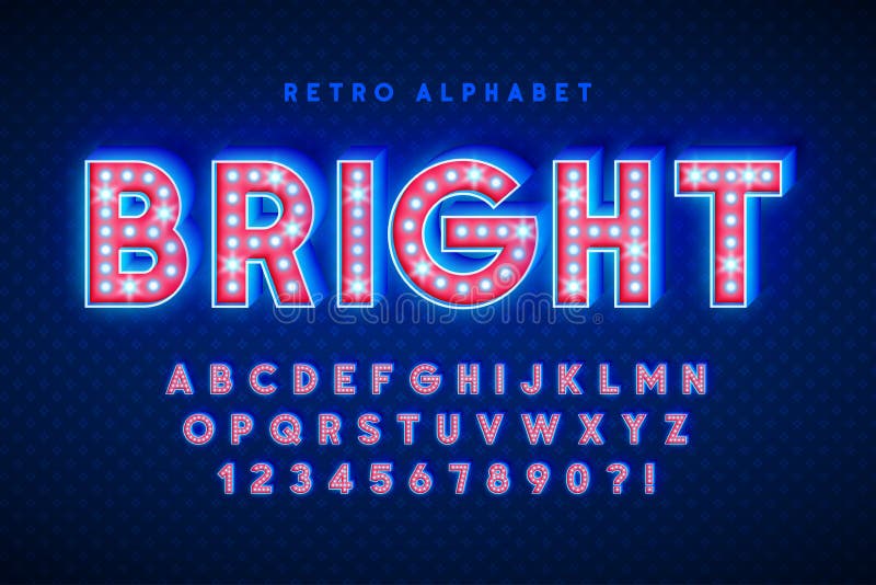 Retro cinema font design, cabaret, LED lamps letters and numbers. Swatches color control. Retro cinema font design, cabaret, LED lamps letters and numbers. Swatches color control