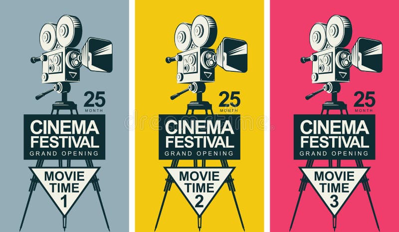 Set of three vector posters for cinema festival with old fashioned movie camera on the tripod in retro style. Can be used for flyer, ticket, poster, web page. Movie time 1, movie time 2, movie time 3. Set of three vector posters for cinema festival with old fashioned movie camera on the tripod in retro style. Can be used for flyer, ticket, poster, web page. Movie time 1, movie time 2, movie time 3