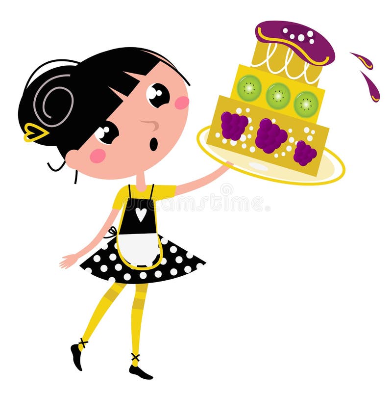 Retro kitchen Girl with big fruity Cake vector illustration