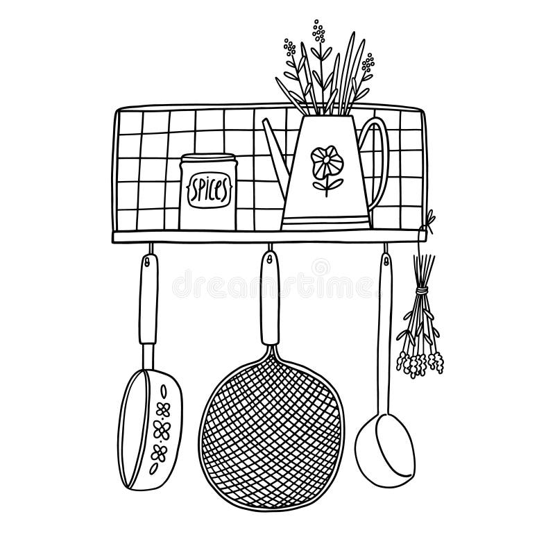 Retro Kitchen Shelf with Utensils, Outline Vector Illustration Stock