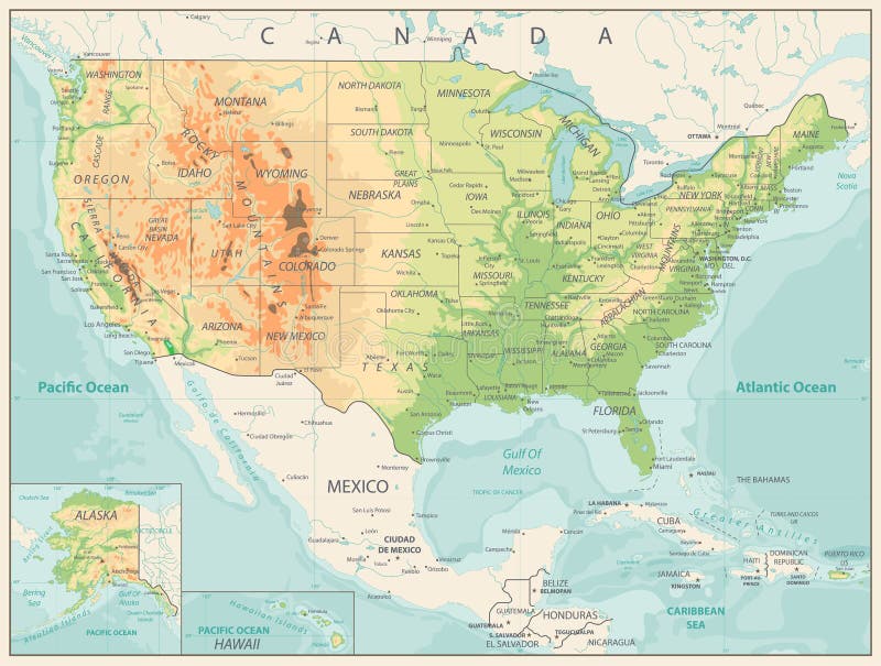 Retro koloru Fizyczna mapa usa royalty ilustracja Retro koloru Fizyczna mapa usa royalty ilustracja