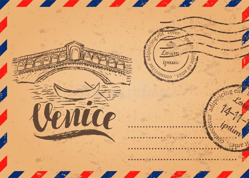Retro koperta z znaczkami, Wenecja etykietka z ręką rysującą kantora most ilustracji Retro koperta z znaczkami, Wenecja etykietka z ręką rysującą kantora most ilustracji