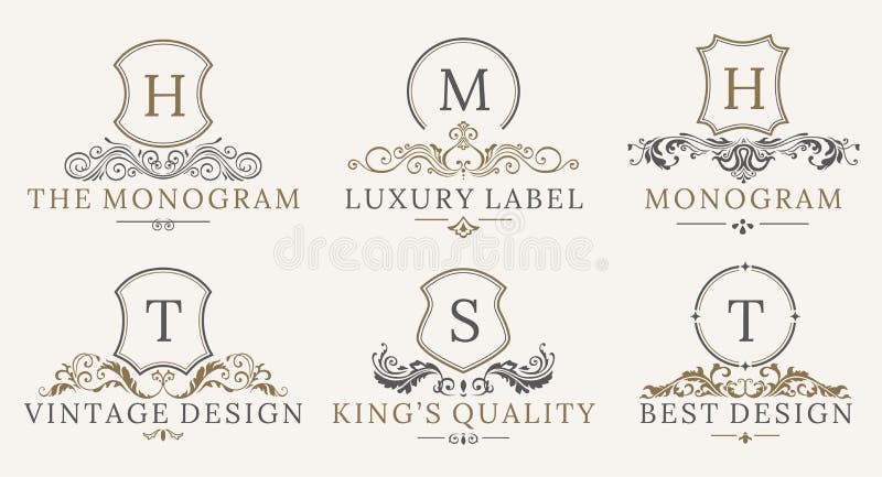 Retro kunglig tappning skyddar logotypuppsättningen Beståndsdelar för design för logo för vektorcalligraphyc lyxiga Affärstecken, vektor illustrationer Retro kunglig tappning skyddar logotypuppsättningen Beståndsdelar för design för logo för vektorcalligraphyc lyxiga Affärstecken, vektor illustrationer