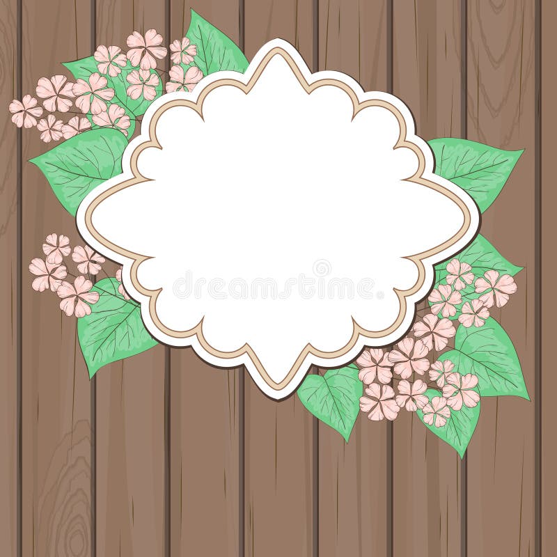 Retro label with pink flowers over wood