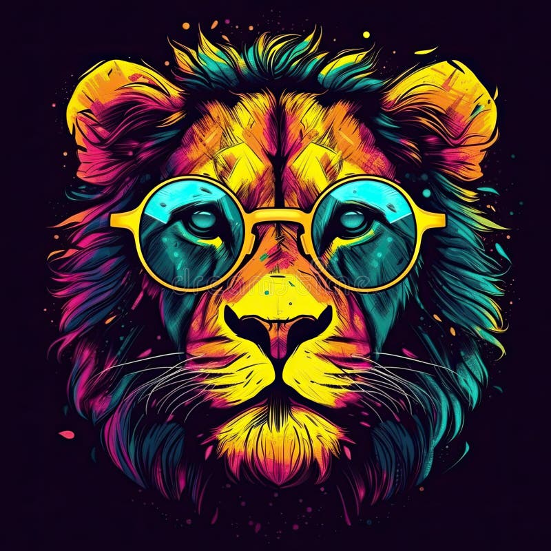 Retro Lion in Yellow Glasses with a Full Face Shot Stock Illustration ...