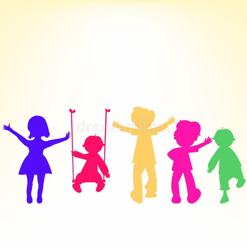 Retro little kids silhouettes over shiny