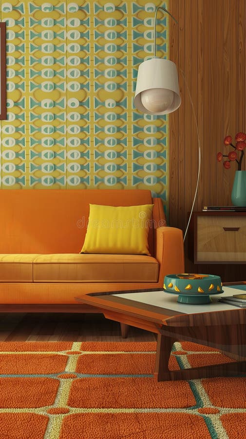 Retro Living Room with Orange Sofa and Vintage Decor Stock Photo