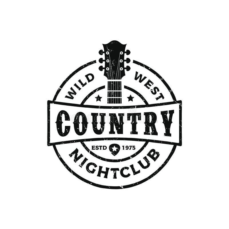Retro- Logoentwurf der klassischen Countrymusik-Logogitarrenweinlese