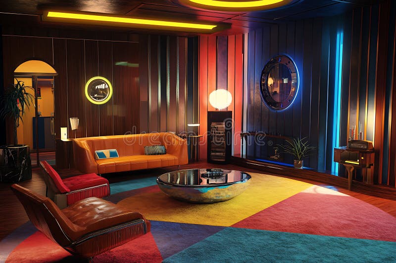 Retro Lounge Interior con tappeti colorati e mobili di metà secolo illustrazione di stock
