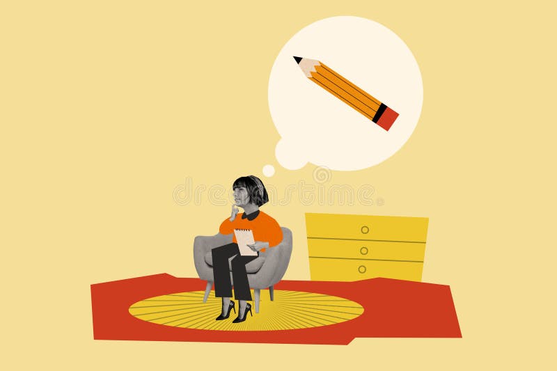 Retro magazine collage image of dreamy lady sitting sofa thinking writing story isolated yellow color background stock photography