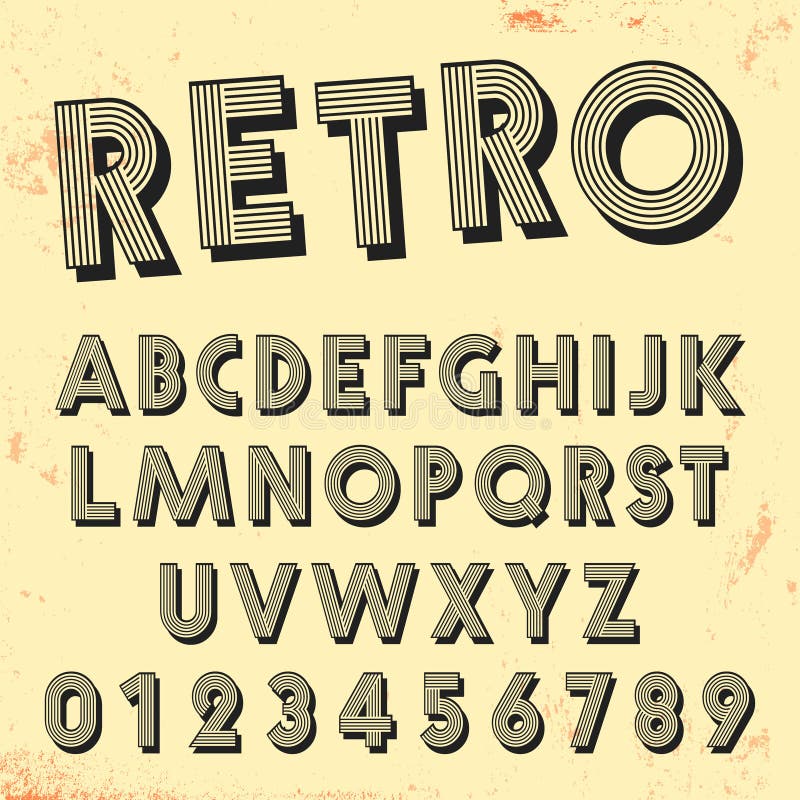 Retro malplaatje van de lijndoopvont Reeks van uitstekend letters en getallen lijnenontwerp vector illustratie Retro malplaatje van de lijndoopvont Reeks van uitstekend letters en getallen lijnenontwerp vector illustratie