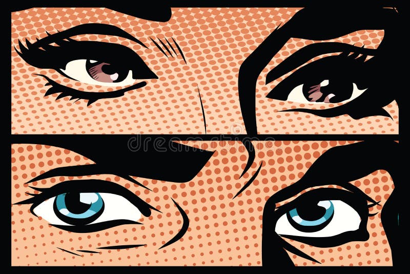 Retro man- och för kvinnligögonnärbild popkonst royaltyfri illustrationer