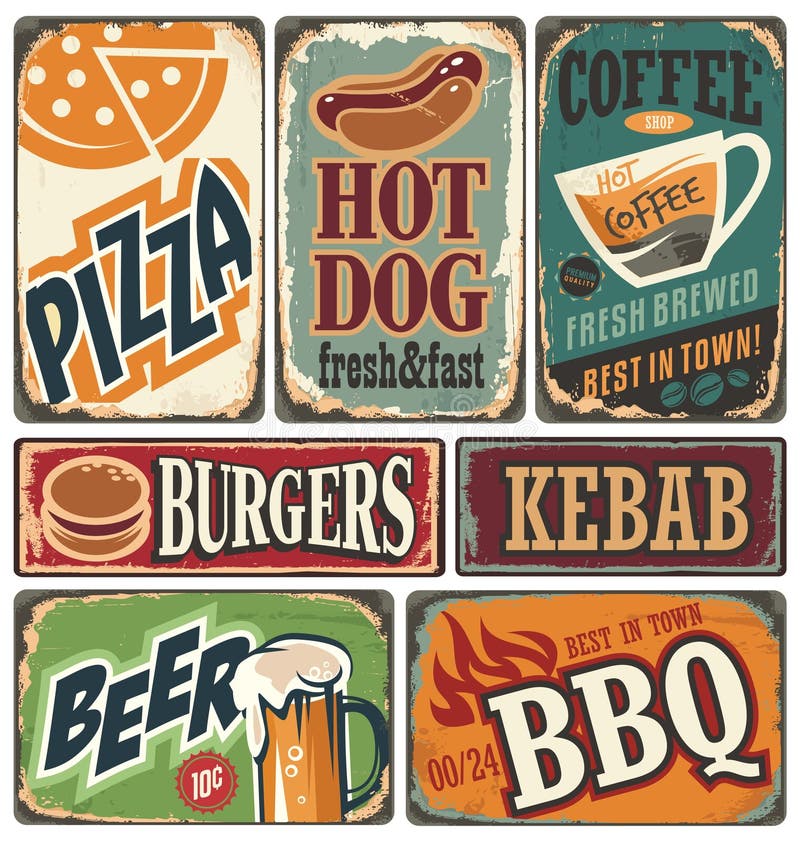 Retro manifesti dell'alimento ed elementi di progettazione illustrazione vettoriale
