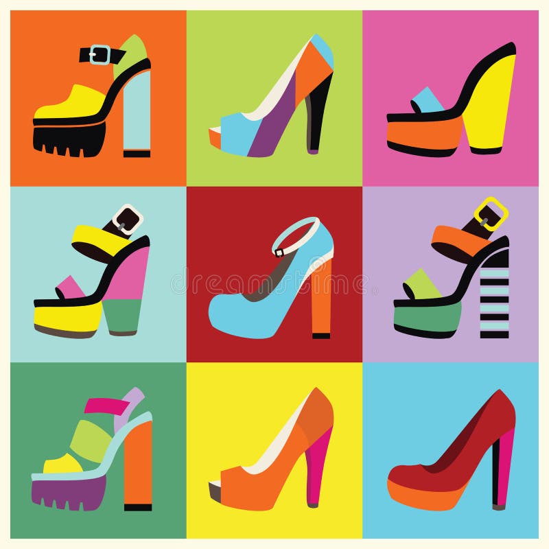 Retro manifesto dei tacchi alti della piattaforma delle donne di Pop art illustrazione vettoriale