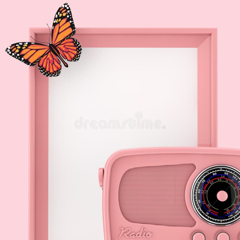 Retro menchii radio przed Pustą Różową fotografii ramą z motylem świadczenia 3 d ilustracji Retro menchii radio przed Pustą Różową fotografii ramą z motylem świadczenia 3 d ilustracji