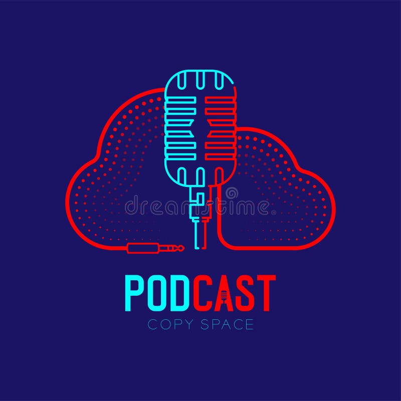 Retro Microphone logo icon outline stroke with Cloud shape frame cable dash line design, podcast internet radio program concept vector illustration