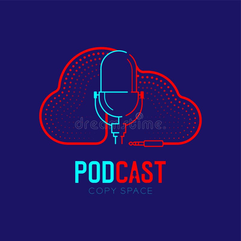 Retro mikrofonu logo ikony konturu uderzenie z Obłocznym kształt ramy kabla junakowania linii projektem, podcast interneta radiow ilustracja wektor