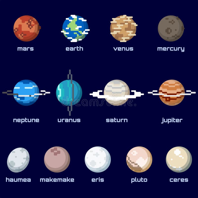 Et of planets, including dwarf planets, in a retro pixelated style. Graphics are grouped and in several layers for easy editing. The file can be scaled to any size. Et of planets, including dwarf planets, in a retro pixelated style. Graphics are grouped and in several layers for easy editing. The file can be scaled to any size.