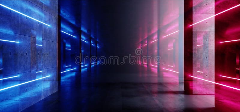 Retro Modern Futuristic Purple Blue Red Sci Fi Vibrant Neon Light Shapes Laser Beams Grunge Concrete Reflective Tunnel Corridor