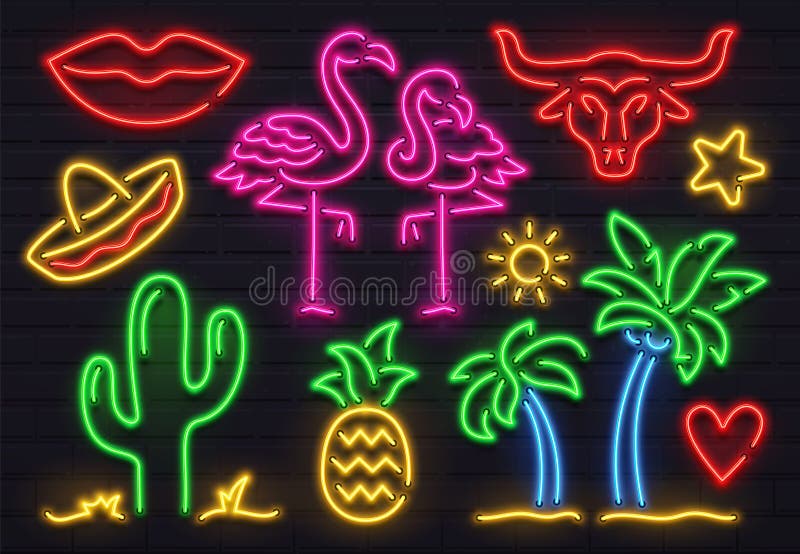 Retro mody neonowy znak Rozjarzony fluorescencyjny kaktus, różowy flaming i byków znaki, Jaskrawi palma, sombrero i ananas