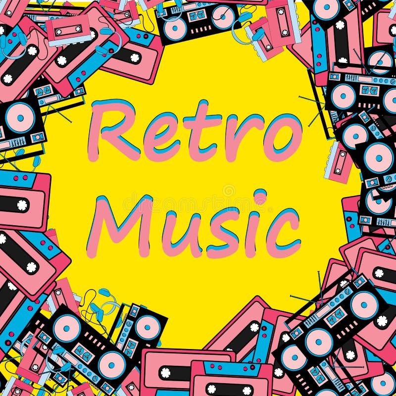 Retro frame old hipster retro technique music audio player headphones audio tape recorder 80`s 90`s cassette copy space background