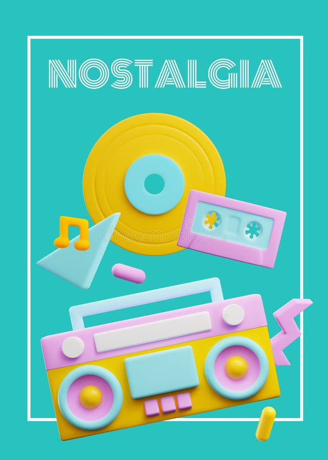 Retro music player, cassette and vinyl in cute 3d style, nostalgia concept poster, vector illustration.