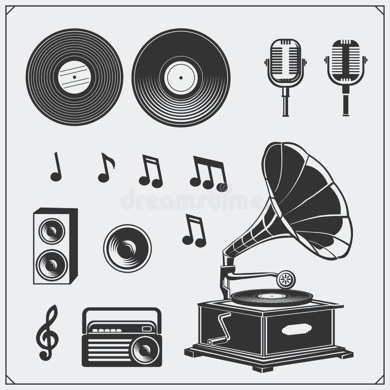 Retro music studio emblems, labels, badges and design elements. stock illustration