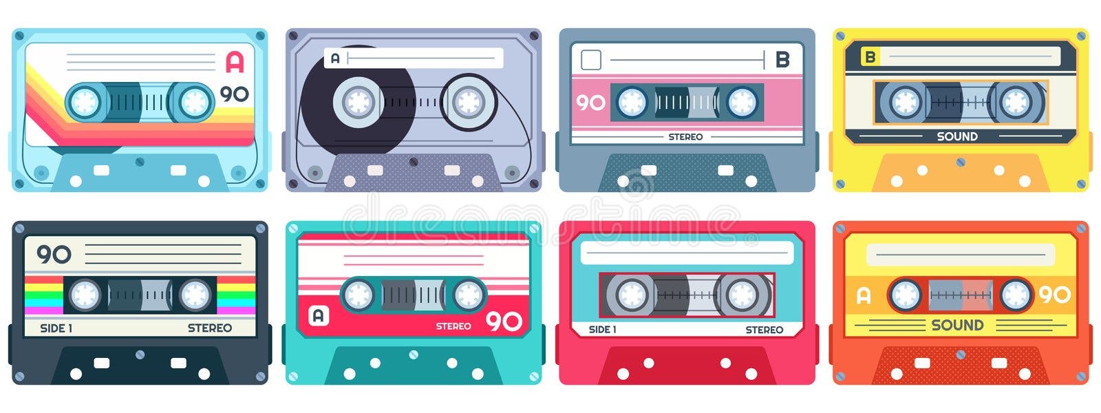 Retro muziekcassette De stereoband van DJ, de uitstekende banden van jaren '90cassettes en audioband vectorreeks Retro muziekcassette De stereoband van DJ, de uitstekende banden van jaren '90cassettes en audioband vectorreeks
