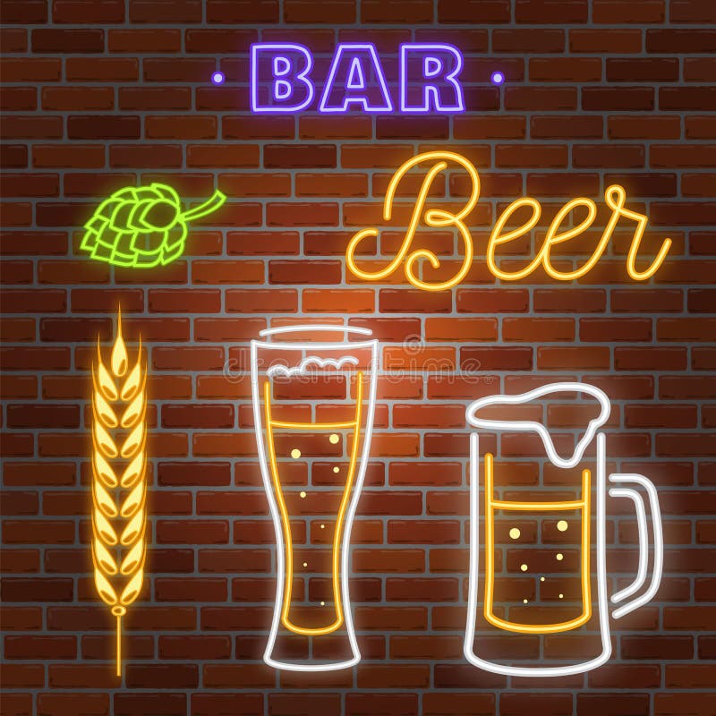 Retro neon Beer Bar sign on brick wall background.