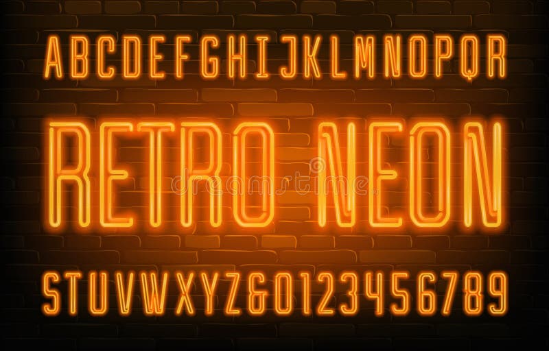 Retro Neon Schriftart Orangefarbene Engmaschige Buchstaben Und Zahlen Backsteinwand Vektor Abbildung Illustration Von Ablage Kondensiert 169053222